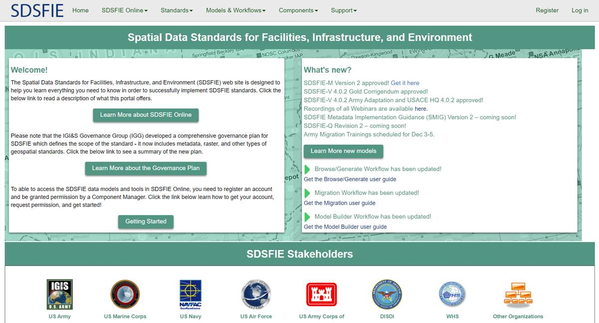 This is an image of the Spatial Data Standards for Facilities, Infrastructure, and Environment (SDSFIE) Online Portal.